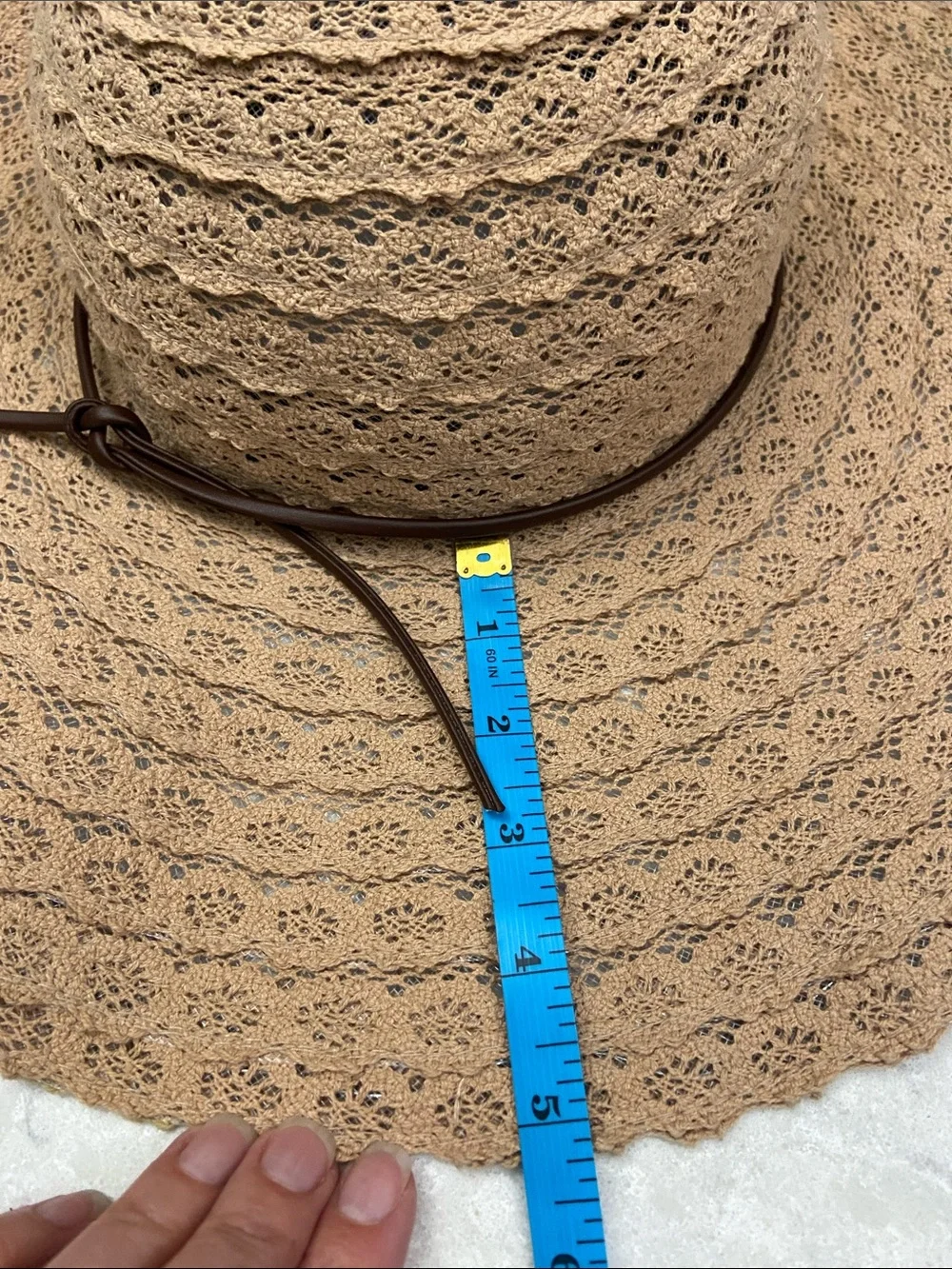 Women’s Wide Brim Adjustable Crochet Sun Hat - Tan with faux leather accent.
